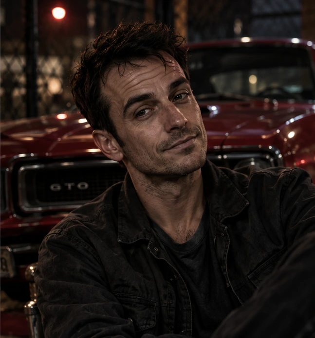 Character concept portrait of Donnie with a cherry-red GTO