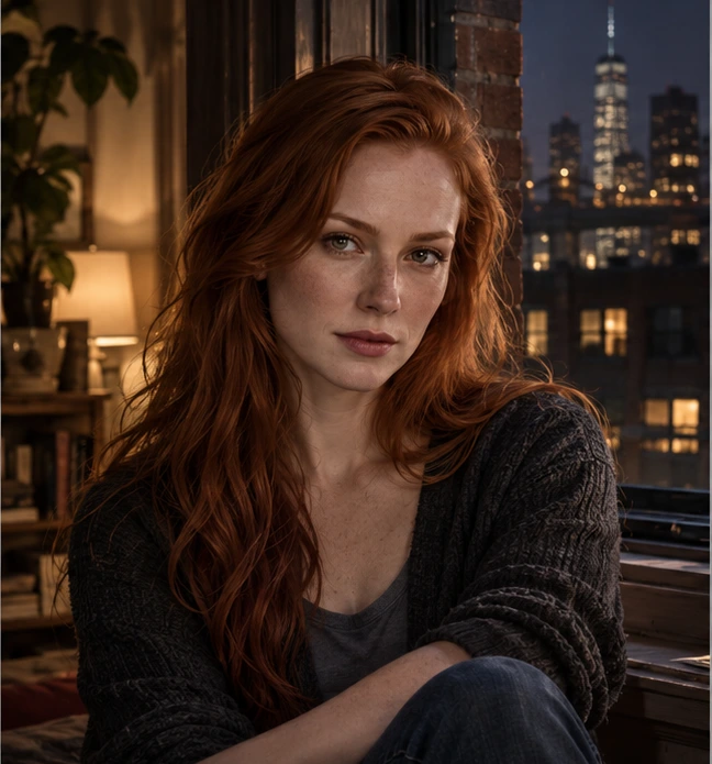 Character concept portrait of Jess in warm apartment light