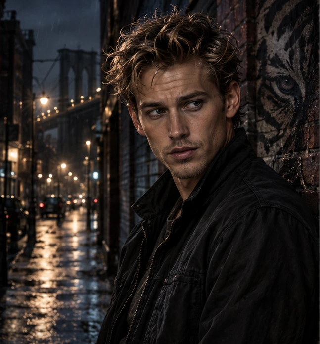 Character concept portrait of Nicholas Karew on a rainy city street